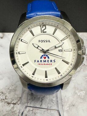 Fossil Watch Men Silver Tone Farmers Insurance Dial Blue Band New Battery 9.5"